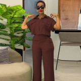 Solid Two-piece Set Turn Down Collar Short-sleeved Shirt Top and Wide-leg Pants