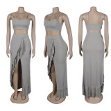 Fashion Ribbed Solid Camisole Crop Top Slit Tassel Long Skirt 2PCS Set