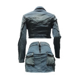 Washed Button Zipper Irregular Cropped Jacket Slit Pockets Denim Skirt 2PCS Set
