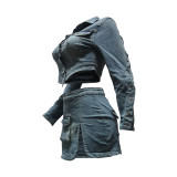Washed Button Zipper Irregular Cropped Jacket Slit Pockets Denim Skirt 2PCS Set