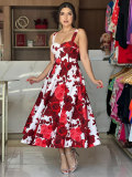 Red Rose Printed Chic Elegant Swing Dress