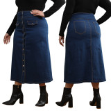 Plus Size Button Fake Pocket Long Denim Skirt