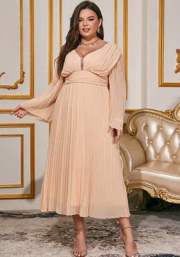 Plus Size Chiffon Pleated V Neck Long Sleeve Long Dress
