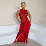 Sexy Lace Bodice Slit Ruched Ruffle Maxi Dress