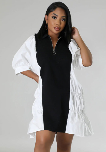 Loose White Black Color Block Casual Dress