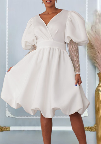 Solid V-Neck Puff Sleeves Party Bridesmaid Dress