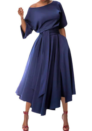 Solid Slash Shoulder Chic Elegant Irregular Midi Dress