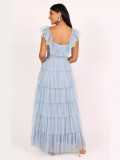 Blue Tulle Ruffles Layered Party Maxi Dress