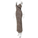 Sexy Straps V-neck Leopard Print Backless Long Dress