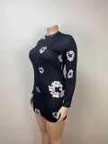 Plus Size Printed Long Sleeve Round Neck Bodycon Dress
