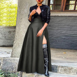 Plus Size Black PU Leather Zipper Slit Long Skirt