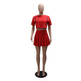 Round Neck Loose Printed Short Sleeve Crop Top +Pleated Skirt 2PCS Set