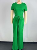 Solid Casual Short Sleeve Top + Loose Cargo Wide Leg Pants 2PCS Set