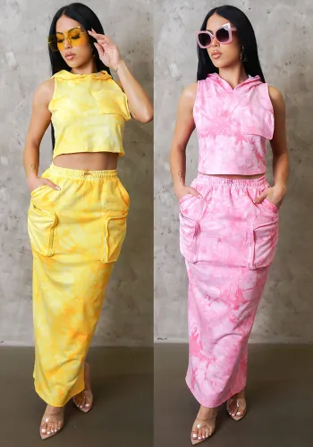 Sexy Tie Dye Hooded Sleeveless Crop Top Cargo Pocket Slit Skirt Set