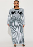 Plus Size Printed Round Neck Back Slit Long Sleeve Slinky Maxi Dress