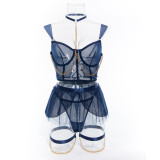 Sexy Lingerie Four Piece Set See-Through Mesh Skirt With Halter Neck Chain Gloves