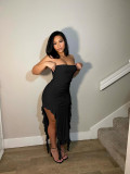 Sexy Strapless Ruffled Ruched Slit Bodycon Dress