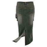 Plus Size Trendy Denim Strap Long Slit Skirt