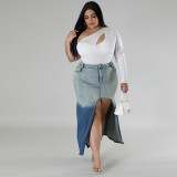 Plus Size Gradient Slit Midi Slim Denim Skirt