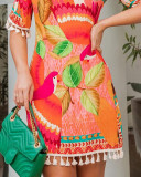 Tassel Printed Short Sleeve V-Back Bodycon Dress