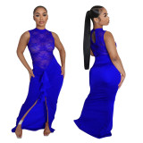Sexy Lace Bodice Slit Ruched Ruffle Maxi Dress