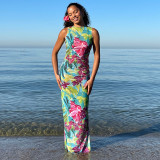 Floral Print Sleeveless Lace-Up Open Back Maxi Dress