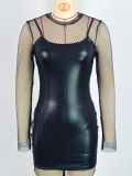 Fishnet Black Long-sleeve Cami Sexy Mini Bodycon Two Piece Dress