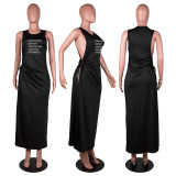 Printed Hollow Cross Sleeveless Slit Maxi Dress