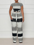 Sexy Gradient Short Sleeve Tie Top and Wide Leg Pants 2PCS Set