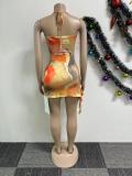Sexy Printed Hollow O-ring Backless Halter Ribbon Club Dress