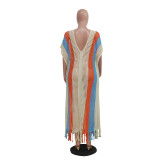 Striped V-Neck Tassel Knitting Long Beach Dress Cover-up