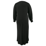 Plus Size Solid Long Sleeve V-Neck Slit Loose Maxi Dress