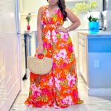 Chic V-Neck Strap Printed Beach Long Sexy Dress