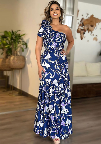 Printeed Slash Shoulder Maxi Dress