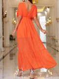 Orange V Neck Chiffon Drawstring Beach Maxi Dress
