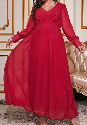 Plus Size Dress Burgundy V-Neck Long Sleeve Chiffon Maxi Dress