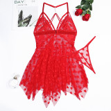 Sexy Lingerie Heart Mesh Irregular Pearl Backless Straps Nightgown