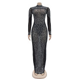 Solid Rhinestone Mesh Long Sleeve Maxi Evening Dress