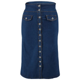 Plus Size Button Fake Pocket Long Denim Skirt