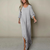 Plus Size Solid Long Sleeve V-Neck Slit Loose Maxi Dress