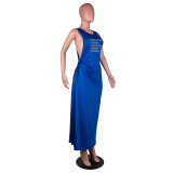 Printed Hollow Cross Sleeveless Slit Maxi Dress