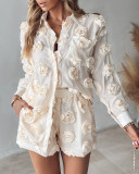 Solid Flower Decor Long Sleeve Shirt Shorts Two Piece Set