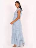 Blue Tulle Ruffles Layered Party Maxi Dress