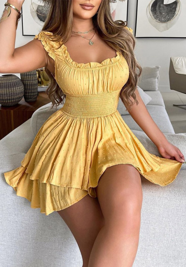 Yellow Shirred Sleeveless Ruffles Layered Dress