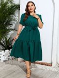 Dark Green Short Sleeve Tie Waist Casual Plus Size Dress