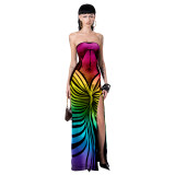 Sexy Printed Strapless Low Back Slit Lace-Up Maxi Dress