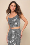 Sequin Lace Up Trap Top Long Skirt Sexy Party Two Piece Set
