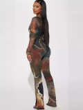 Sexy Mesh Print Square Neck Long Sleeve Jumpsuit