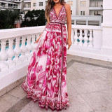 Sexy Printed Halter Neck Backless Maxi Dress