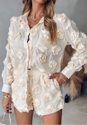 Solid Flower Decor Long Sleeve Shirt Shorts Two Piece Set